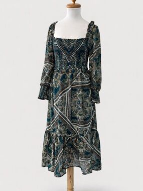 NWT APRICOT Boho Teal Paisley Smocked Midi Dress Romantic Size 6